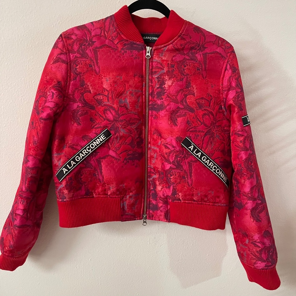 NWT A La Garconne Luxury Limited Edition Red Pink Floral Bomber Jacket Small